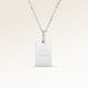Personalized square silver necklace with white zircons and space for engraving of text, coordinates or handwriting on the front and back