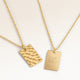 Personalized square gold necklace with rippled wave surface and space for engraving of text, coordinates or handwriting on the back