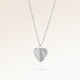 Heart-shaped silver necklace with ribbed sunburst pattern side view, space for engraving on back