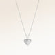 Personalized heart-shaped silver necklace with ribbed sunburst pattern and space for engraving of text, coordinates or handwriting on the back
