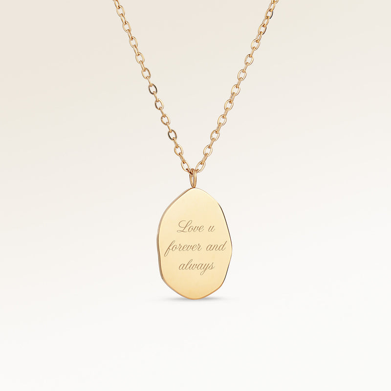 Personalized asymmetric gold necklace with space for engraving of text, coordinates or handwriting on the front and back