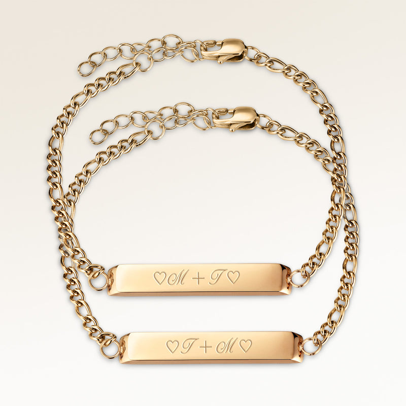 Friendship bracelets, pair of two bar bracelets in gold with personalized engraving, from Mon Chou