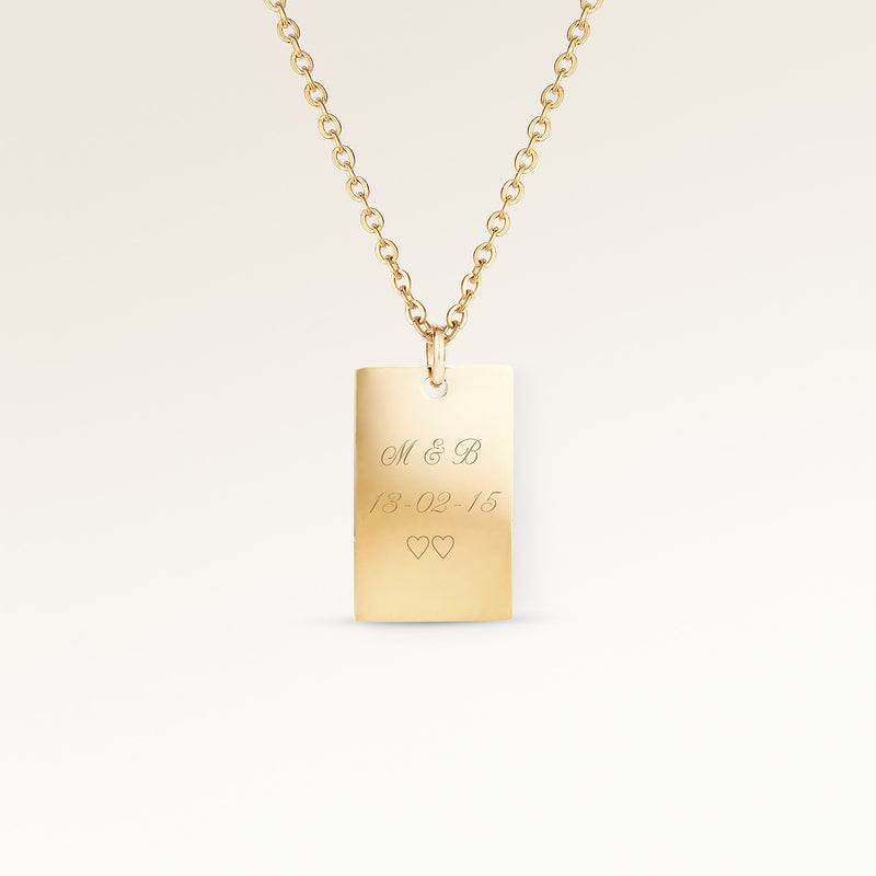 Personalisierte quadratische Goldkette mit Platz für Gravur von Text, Koordinaten oder Handschrift auf Vorder- und Rückseite