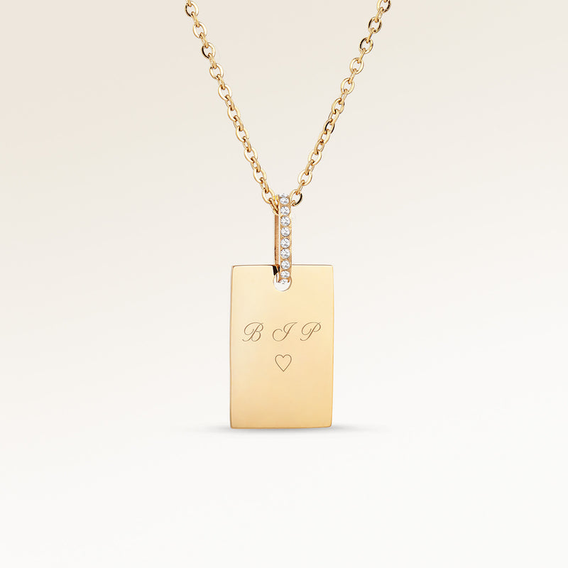 Personalized square gold necklace with white zircons and space for engraving of text, coordinates or handwriting on the front and back