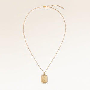 Full octagon gold necklace with white zirconia laid out flat with a fine adjustable gold chain and an octagon pendant for personal engraving