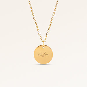 Friendship necklaces, pair of two round necklaces in gold with personalized engraving, from Mon Chou