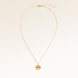 Full round necklace in gold fully laid out with fine adjustable gold chain and minimalist pendant for personalized engraving