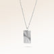 Square silver necklace with ribbed sunburst pattern side view, space for engraving on back